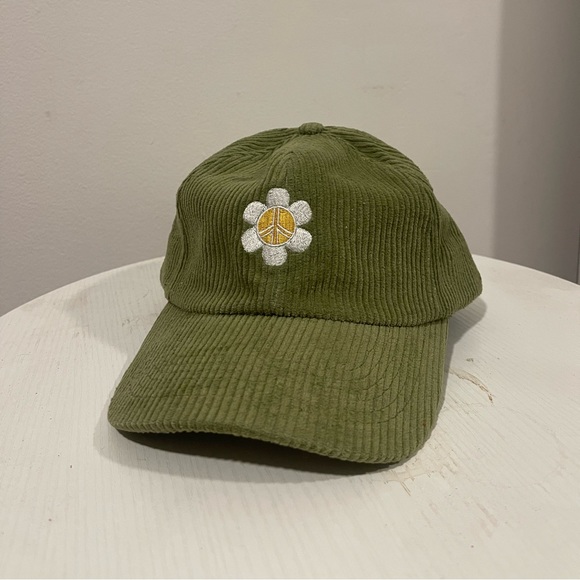 Green Corduroy Daisy Peace Sign Hat - Vintage Inspired - Unisex - OSFA - Picture 2 of 6